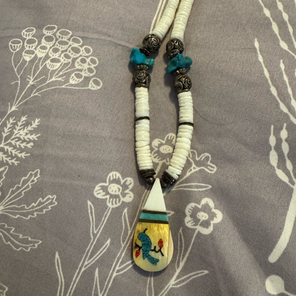 Santo Domingo Pueblo Navajo Inlay Coral Shell Turquoise bird Necklace MOP